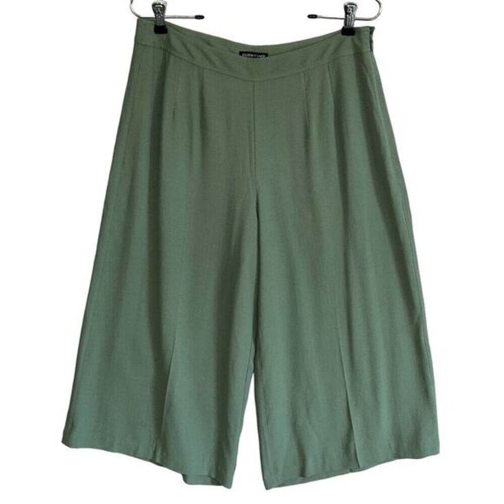 Eileen Fisher Sz 8 100%‎ Silk Wide Leg Cropped Pants lagenlook minimalist green